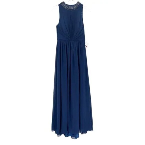 FLAW - MAC DUGGAL Dress 6 Evening Gown Navy Blue Bejeweled Pleated Chiffon #7969 - Picture 6 of 11